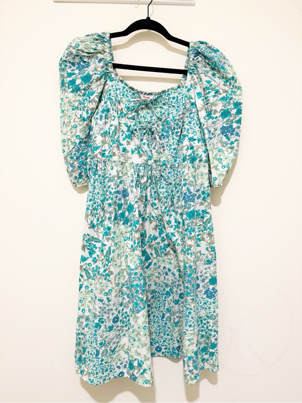 Honey by Pantaloons Teal and White Floral Puff-Sleeve Dress